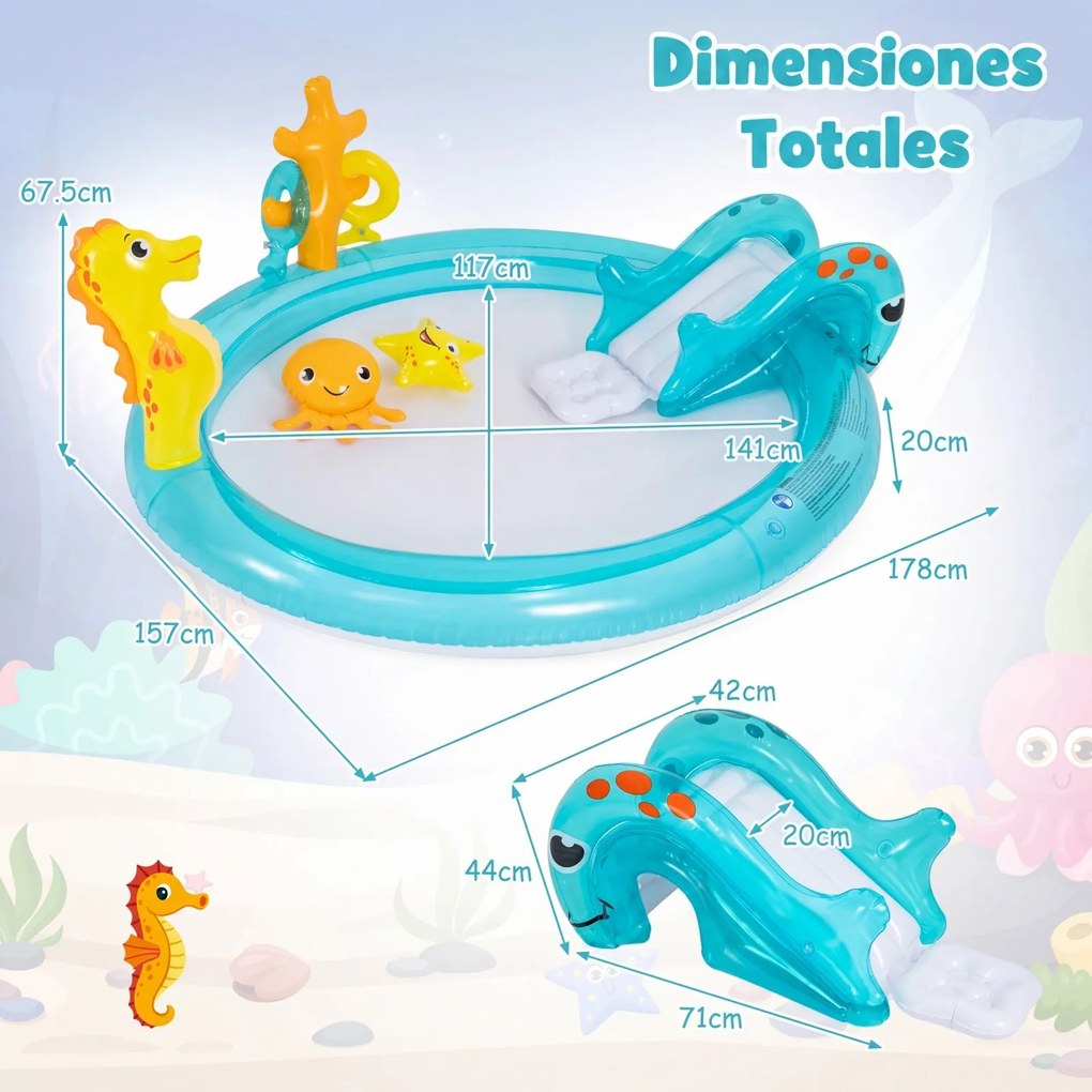 Piscina insuflável 207 x 168 x 77 cm infantil com escorrega, pulverizador, cavalo-marinho e conjunto de aros com tema marítimo para crianças dos 2 aos