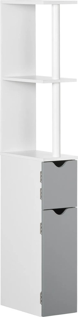 Coluna Casa de Banho com 2 Portas e 2 Prateleiras Abertas Estilo Moderno 15,2x29,8x118cm Branco e Cinza