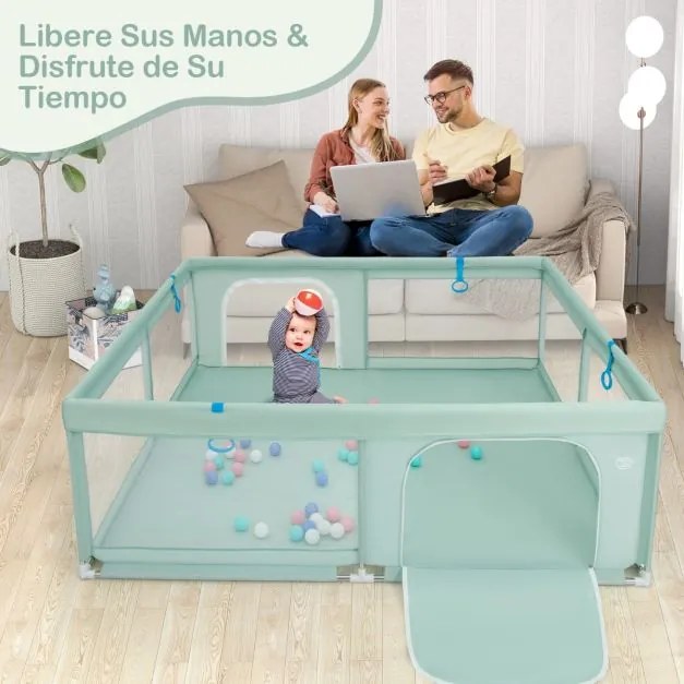 Parque infantil bebés com malha respirável Bolas macias Base antiderrapante 200 x 180 x 68 cm Verde