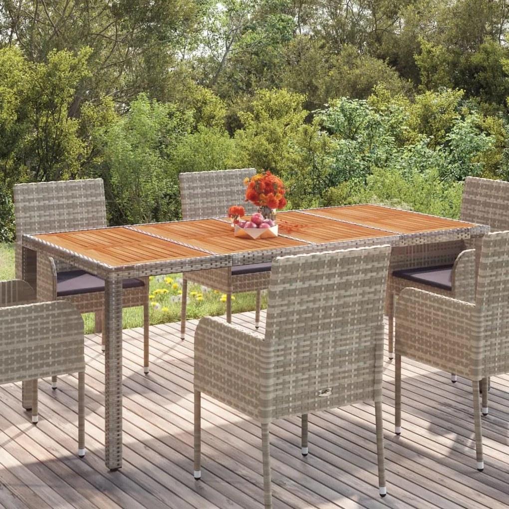 319906 vidaXL Mesa de jardim com tampo de madeira 190x90x75 cm vime PE cinza