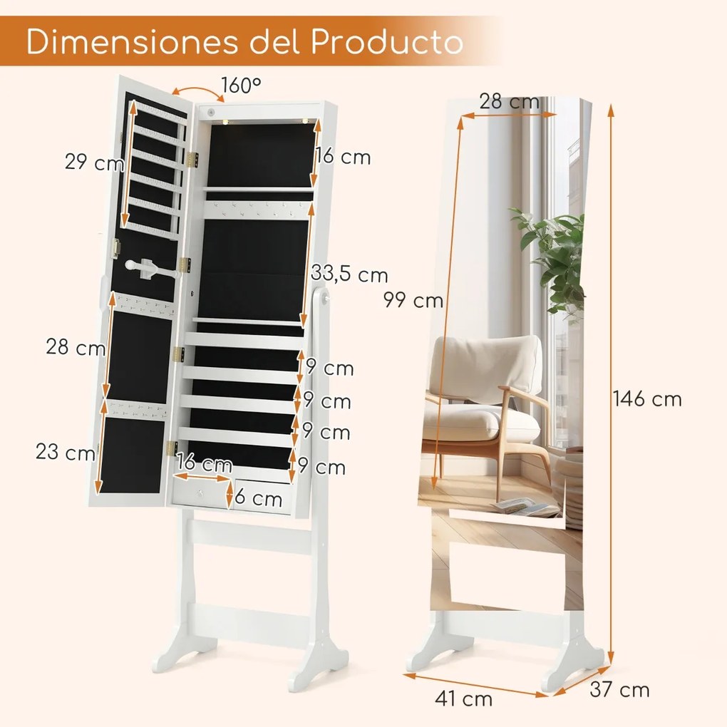 Armário para joias com espelho de corpo inteiro e luzes LED 4 ângulos de inclinação ajustáveis 41 x 37 x 146 cm Branco