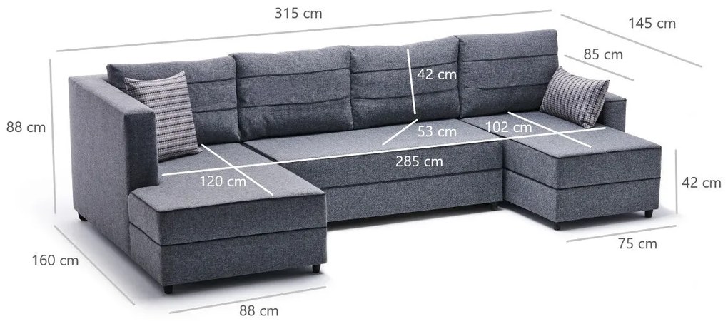 Sofá-Cama de Canto Ece – Cinzento – 315 cm x 88 cm x 160 cm