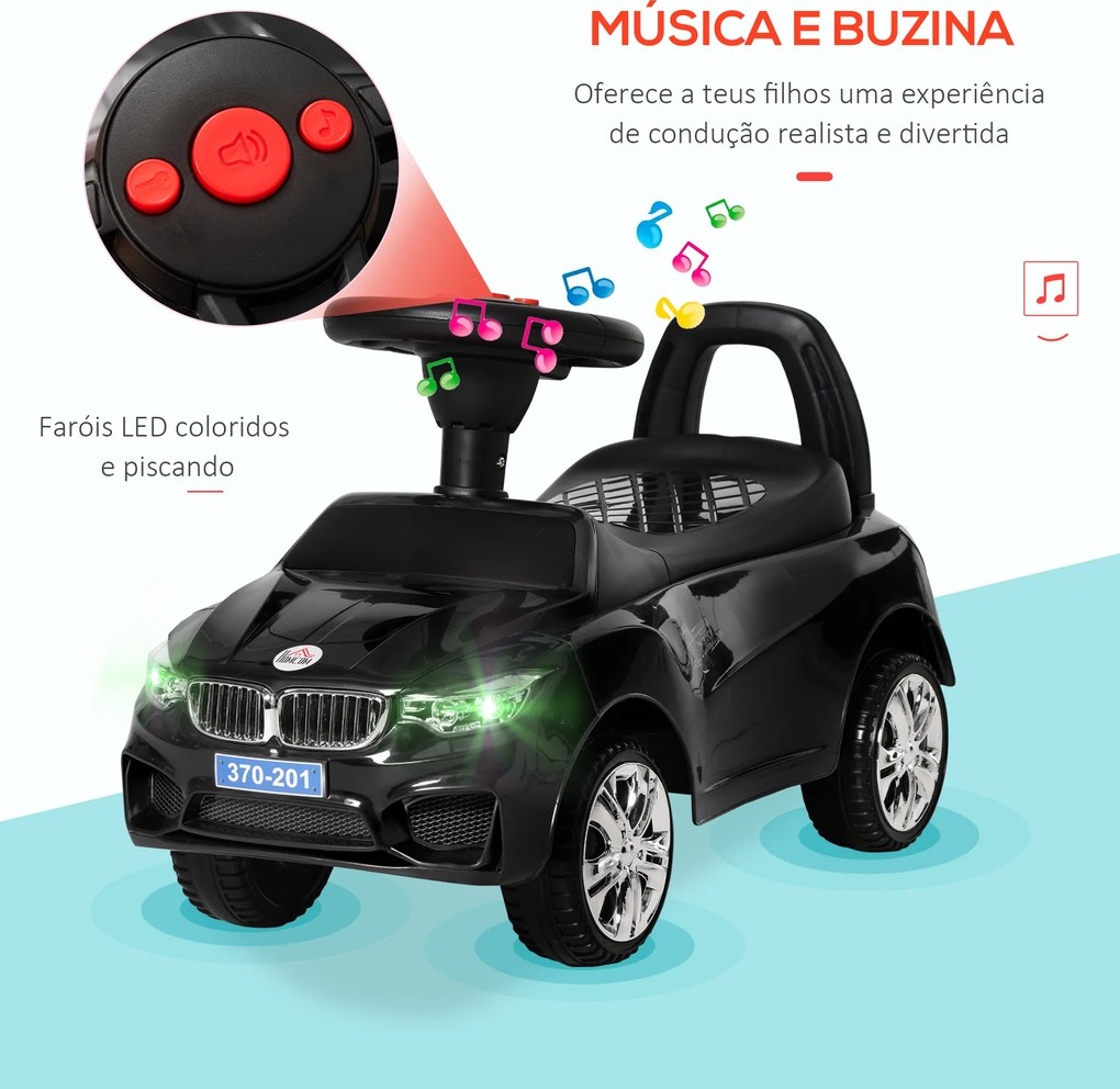 Carro Andador para Crianças com Faróis Música Buzina Volante Compartimento de Armazenamento 63,5x28x36 cm Preto