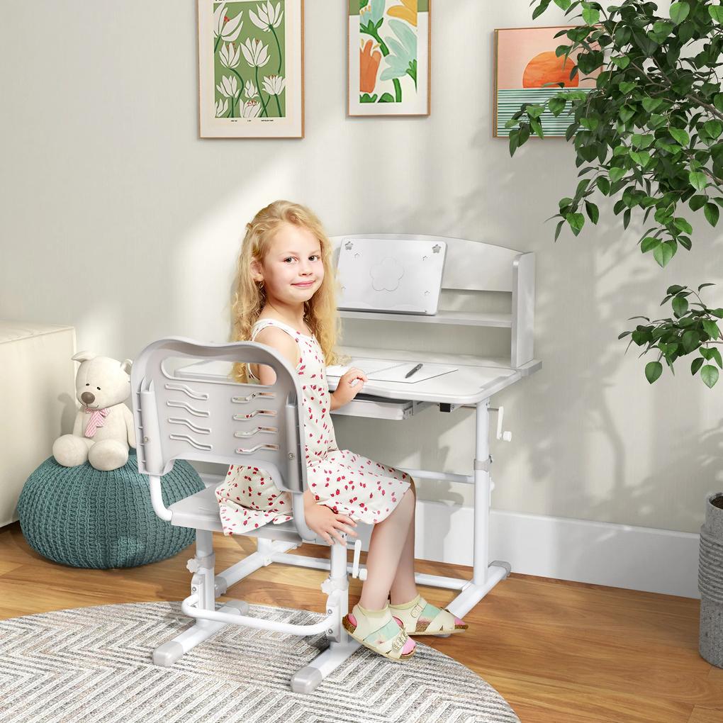 Conjunto de Secretária e Cadeira para Crianças com Altura Ajustável e Ângulo da Mesa Ajustável 80x55x82-104cm Cinza e Branco