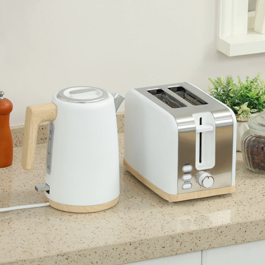 Conjunto de chaleira e torradeira, 1,7 L, 2200 W, torradeira para 2 fatias com 7 níveis de torragem, branco