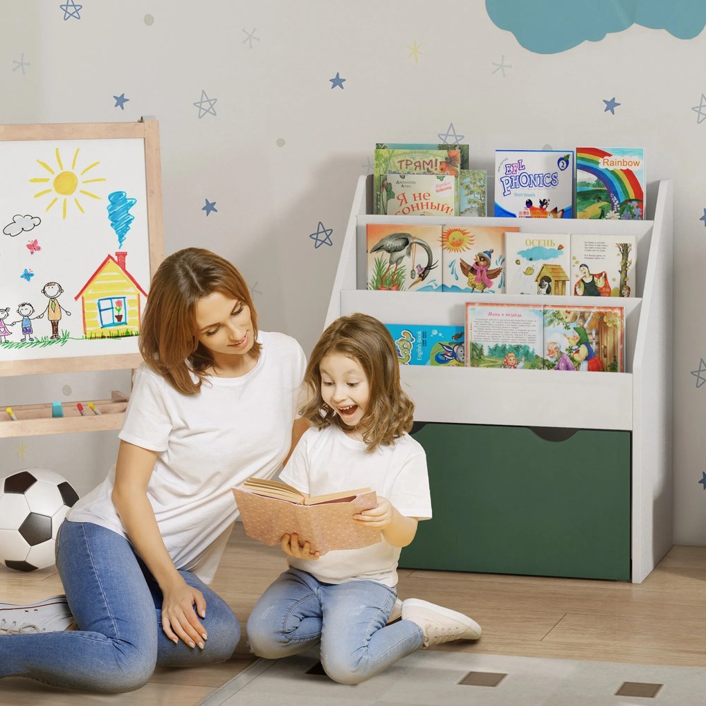 Estante infantil de 2 portas, armário moderno com 3 gavetas e varão para pendurar roupa, para quarto, Branco e verde