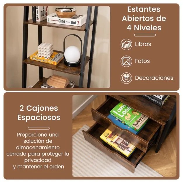 Estante em forma escada 52 x 39,5 x 134 cm com 4 prateleiras abertas e 2 gavetas Castanho Rústico + Preto