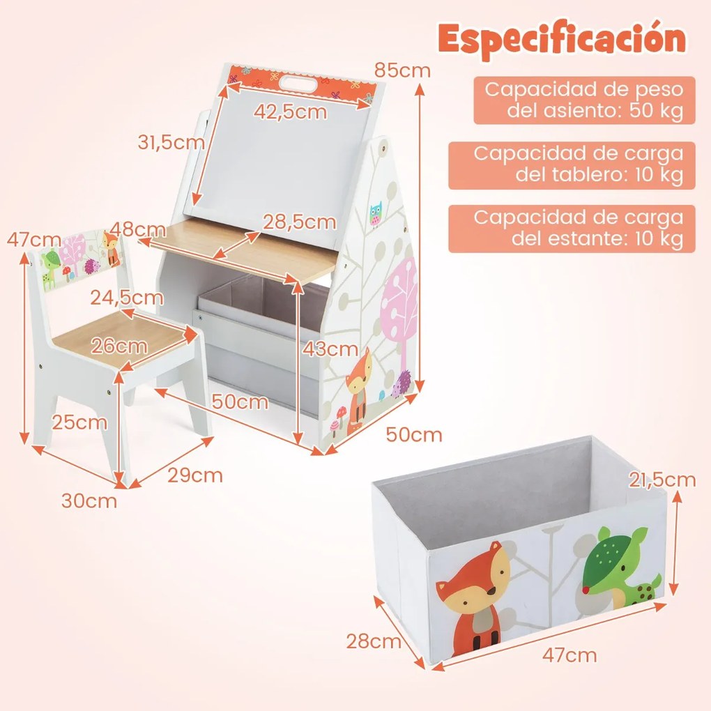 Conjunto de mesa e cadeira para crianças com 2 caixas de tecido removíveis, quadros magnéticos e quadro branco para brincar e desenhar Branco