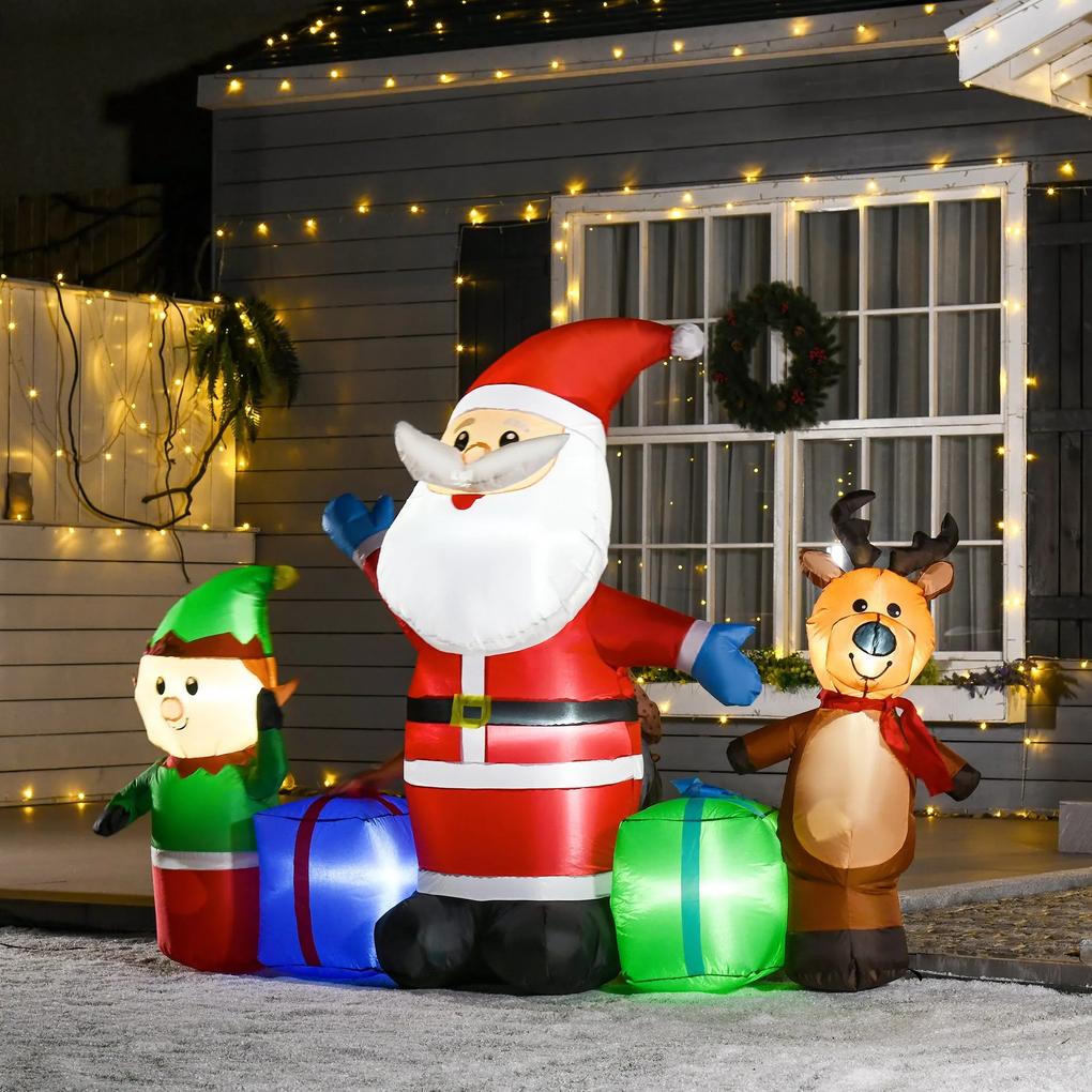 HOMCOM Decoração de quintal inflável de 2 m de Pai Natal, Elfos e Renas com luzes LED, decoração de gramado interno e externo