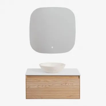 Conjunto De Móvel De Casa De Banho Suspenso 80x50 Cm Em Madeira De Freixo Tedrik Castanho Fresno & Cimento Redondo Branco Ø40 Cm Zavion - Sklum