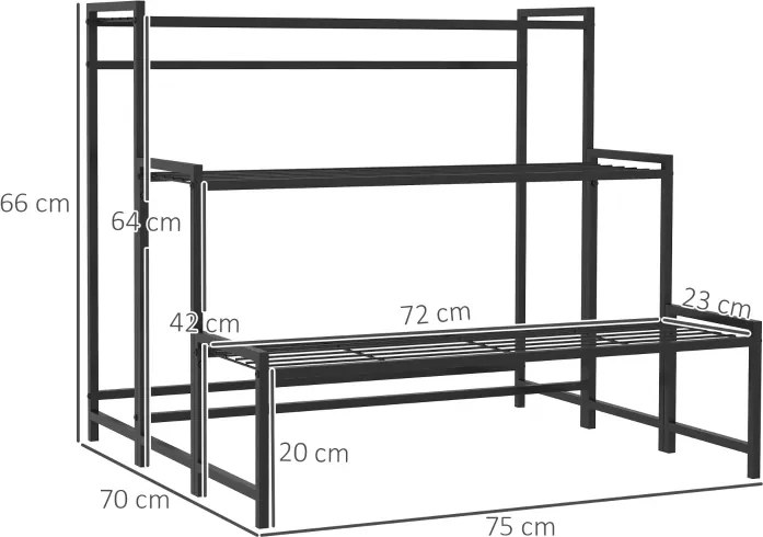 Suporte para Plantas de Três Níveis com Design em Escada e Estrutura Metálica Resistente para Interior e Exterior Preto