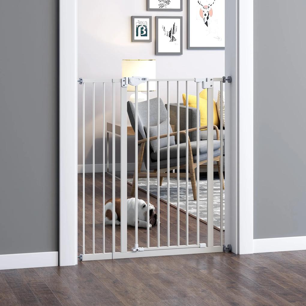 PawHut Barreira de Segurança para Portas e Escadas Barreira para Animais de Estimação com Fechadura Automática Extensível 17,5cm Metal 74-80cm/91,5-97,5x104,1cm Branco