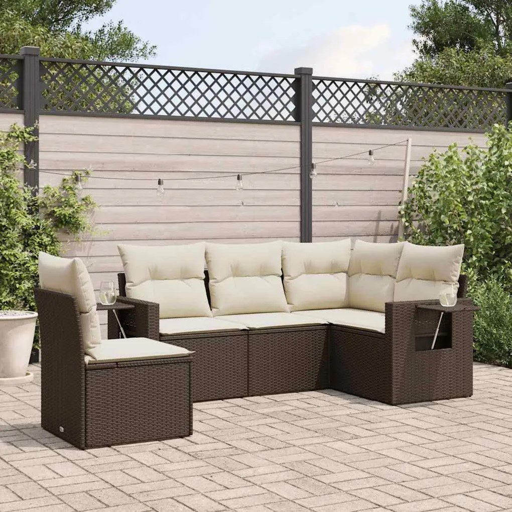 5 pcs conjunto sofás p/ jardim c/ almofadões vime PE castanho