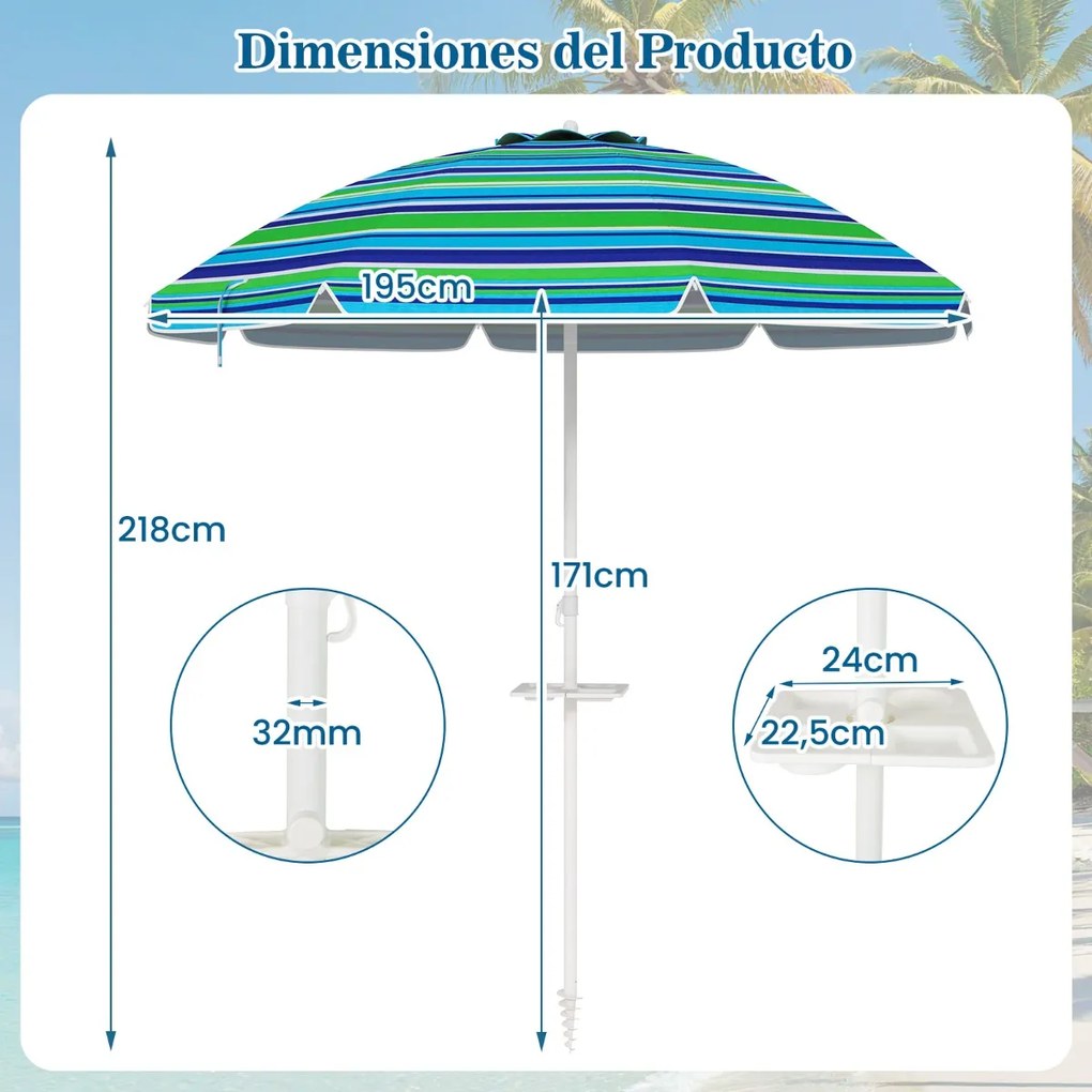 Guarda-sol de praia basculante portátil com suporte para copos e proteção solar UPF50+ para pátio exterior Piscina 2 x 2,2 m Azul+Verde