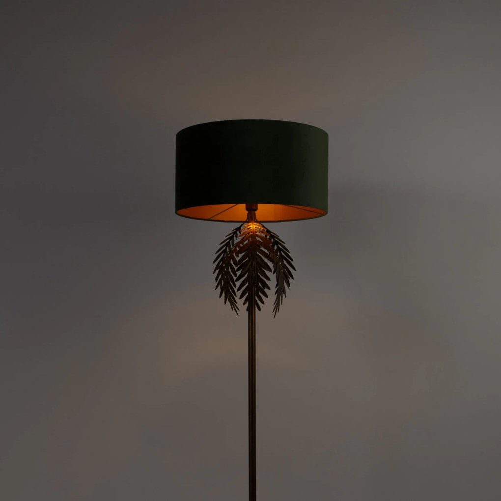 Candeeiro de pé dourado 145 cm com cúpula em veludo verde 50 cm - Botanica Rústico
