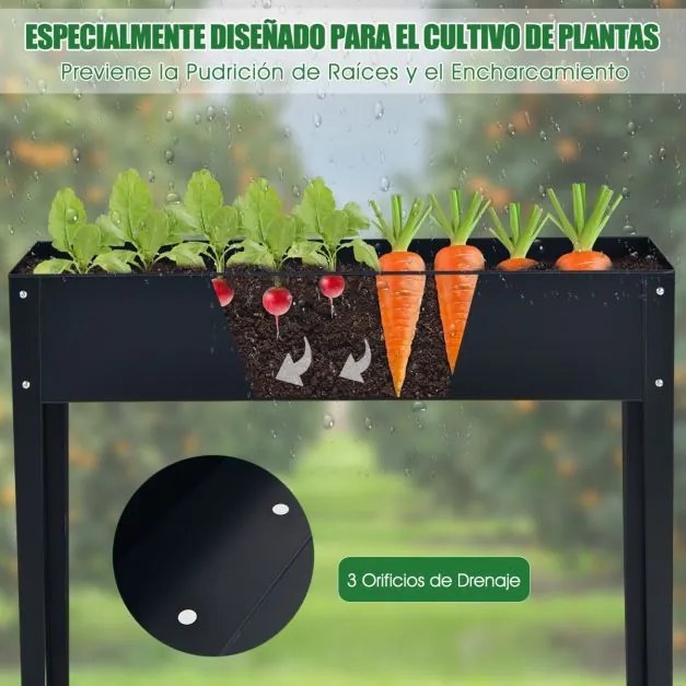 Floreira elevada com 2 orifícios de drenagem para frutas, legumes e flores, para interior e exterior, 100 x 30 x 80 cm, cinza escuro