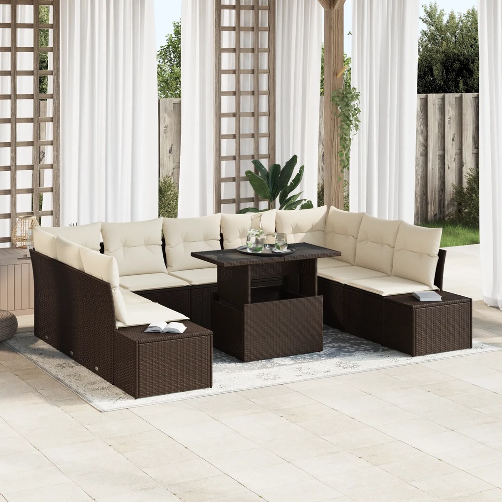 Conjunto de Sofá de Jardim com 10 Peças e Almofadas Castanho em Rattan