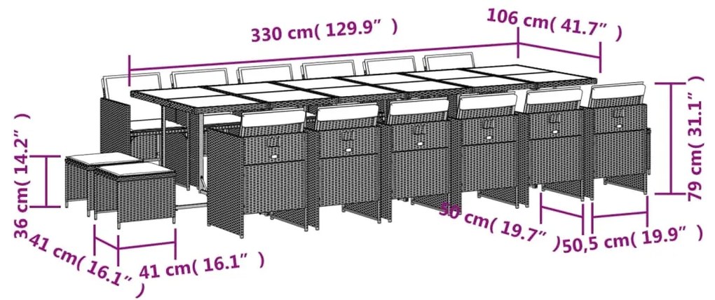 17 pcs conjunto de jantar p/ jardim c/ almofadões vime PE bege