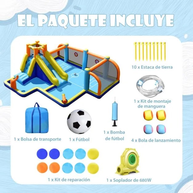 Castelo, Parque aquático insuflável com compressor 680 W infantil com tema futebol Piscina Parede para escalar 465 x 500 x 200 cm Multicolorido