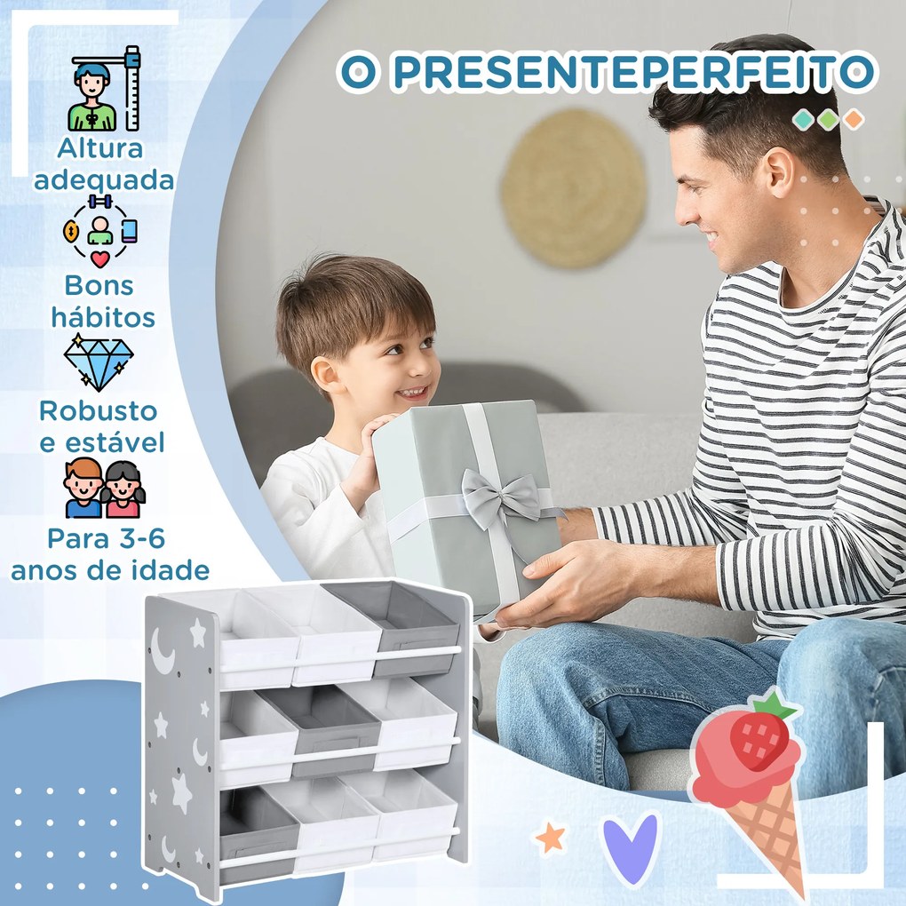 Estante para Brinquedos com 9 Caixas de Tecido não Tecido Amovíveis Organizador de Brinquedos 63x30x60 cm Cinza