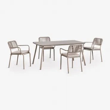 Conjunto De Mesa Retangular 160x90 Cm E 4 Cadeiras De Jardim Empilháveis Em Corda Trançada Arhiza Moka Brown - Sklum