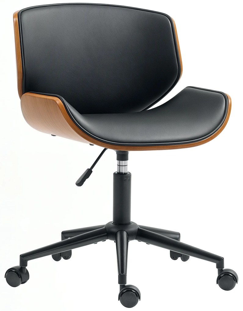 Cadeira de Escritório sem Braços Cadeira de Secretária Vintage Giratória Estofada em PU Altura Ajustável 52x54x74-84 cm Preto e Madeira