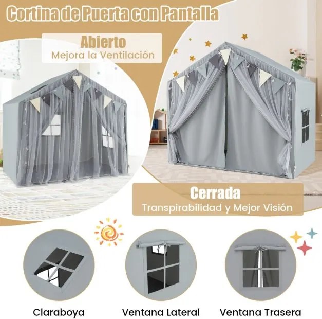 Tenda infantil 146 x 96 x 133 cm com 2 cortinas de tecido e malha, luzes de estrelas, 2 janelas respiráveis e almofada de algodão cinzenta