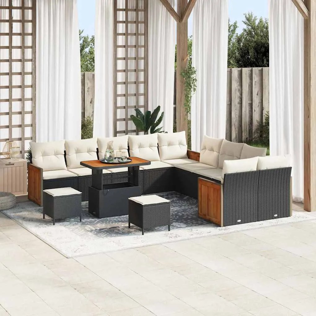vidaXL Conjunto de Sofá de Jardim com 13 Peças e Almofadas em Rattan Preto e Madeira de Acácia.
