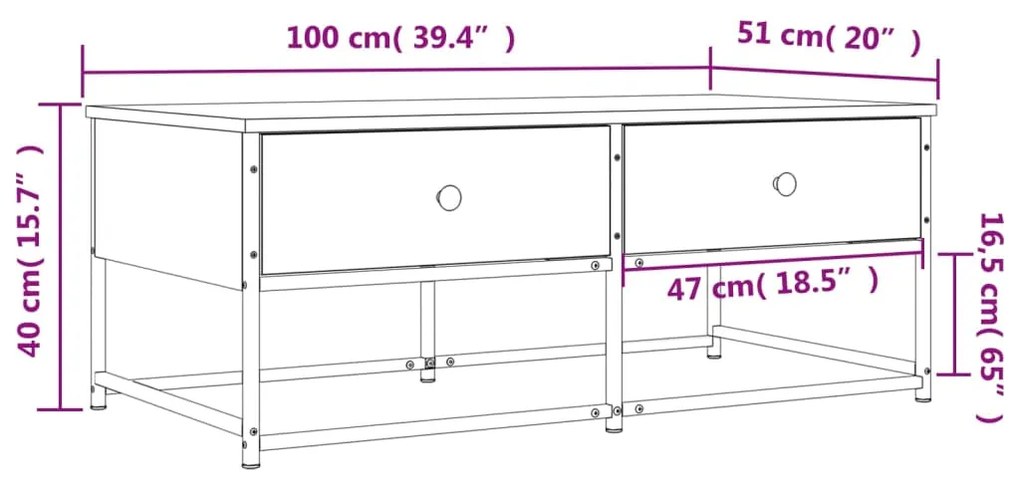 Mesa de centro 100x51x40cm derivados de madeira cinzento sonoma