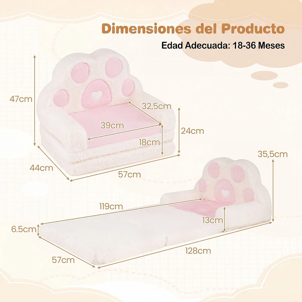 Sofá Infantil em Forma de Pata de Urso, 57 x 44 x 47 cm, Convertível em Colchonete, Rosa