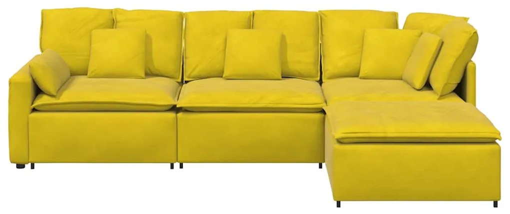 Sofá modular com pufes e almofadas veludo amarelo
