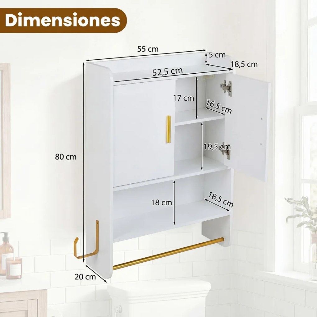 Armário para casa de banho parede, 55 x 20 x 80 cm, com portas, prateleira ajustável e barra para pendurar Branco