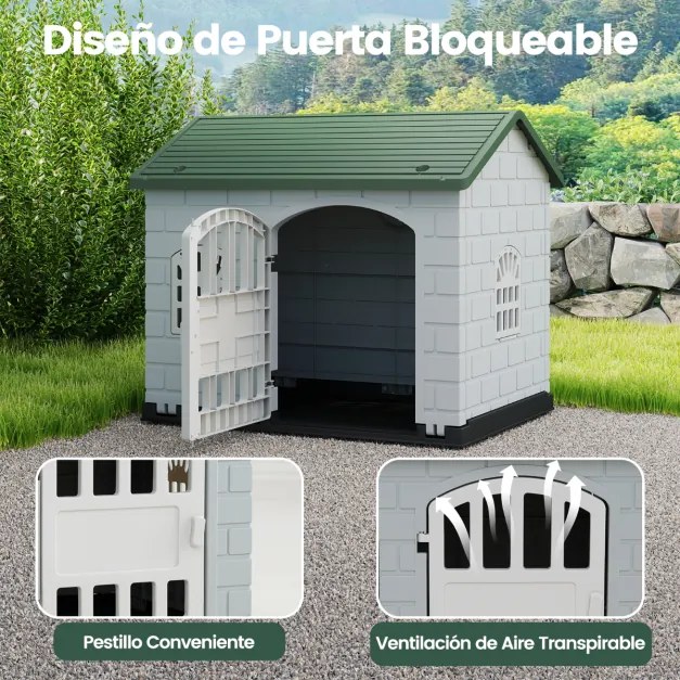 Casota de plástico para cães com 3 janelas e porta com fechadura, telhado inclinado, para interior e exterior, 75 x 58 x 65 cm, verde