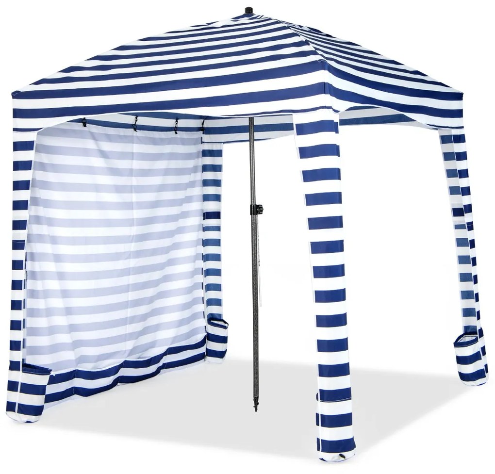 Tenda de praia portátil 183 x 183 x 215-240 cm com parede lateral amovível Saco de transporte 8 sacos de areia Proteção solar Exterior Azul + Branco