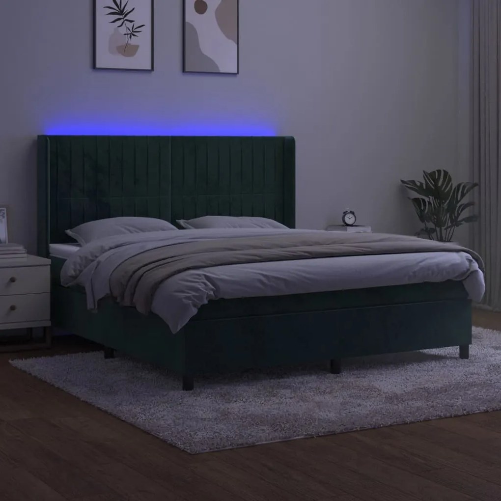 Cama box spring c/ colchão/LED 180x200 cm veludo verde-escuro