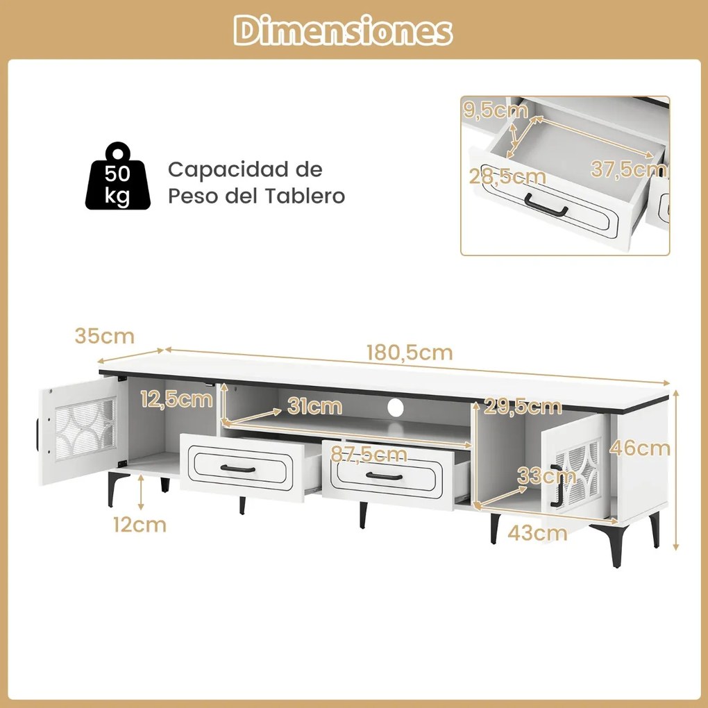 Móvel para TV de até 80 polegadas com 2 gavetas, 2 compartimentos com porta e prateleira 180,5 x 35 x 46 cm branco