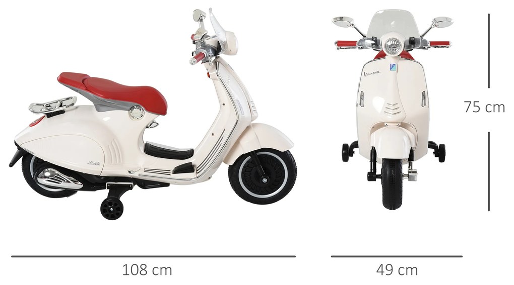 Motocicleta VESPA Elétrica acima de 3 Anos com Faróis Música 2 Rodas Auxiliares 108x49x75 cm Branco