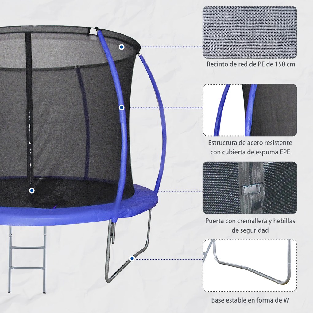 HOMCOM Trampolim de Jardim Φ244cm Trampolim para Crianças e Adultos cm Rede de Segurança Cobertura nas Bordas e Escada para Exterior Azul