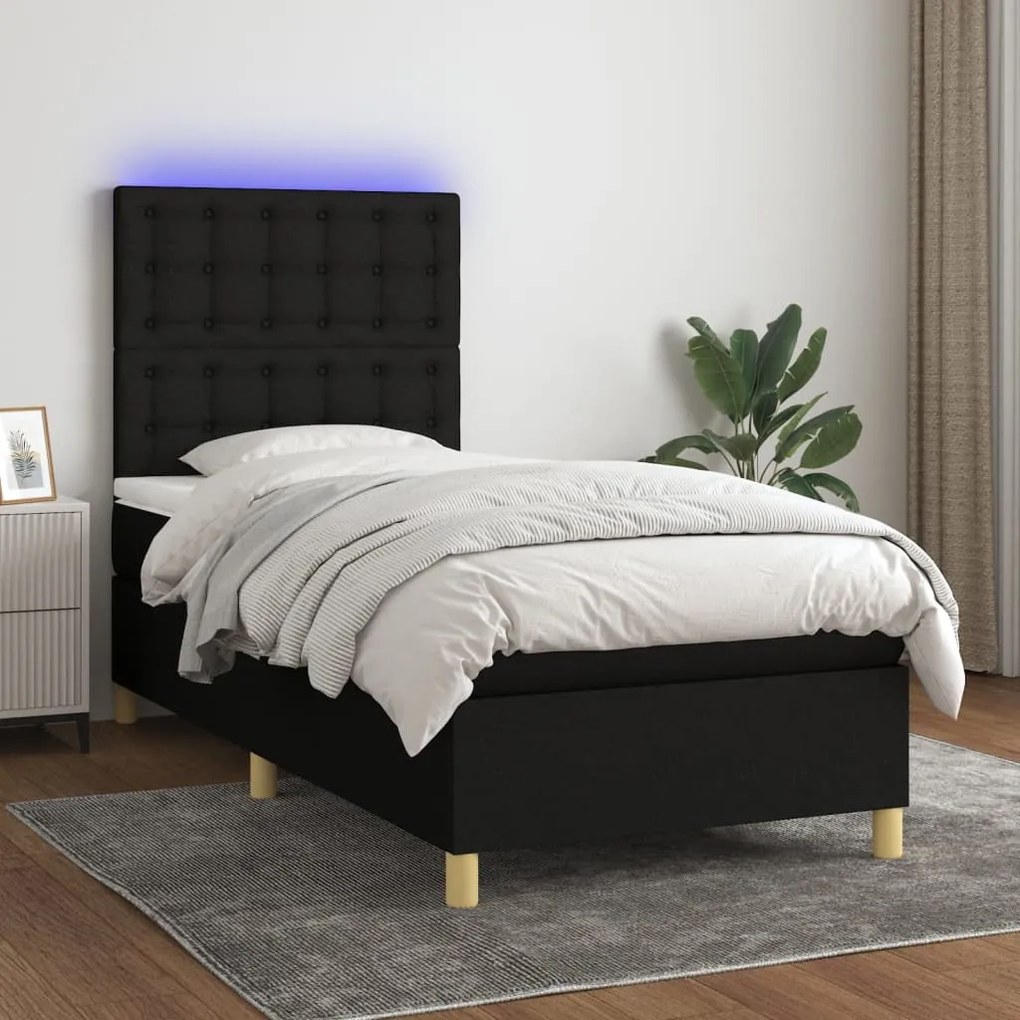 Cama box spring c/ colchão e LED 80x200 cm tecido preto