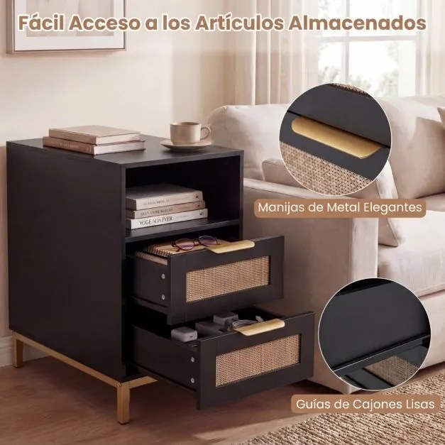 Conjunto de 2 mesas de cabeceira em rattan 60 x 35 x 61 cm com estação de carregamento e 2 gavetas estilo boho com armazenamento aberto preto e dourad