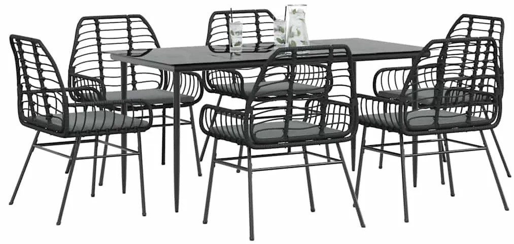 vidaXL Conjunto de jantar jardim 7 peças almofadas vidro vime PE preto