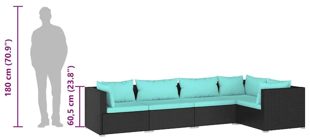 5 pcs conjunto lounge de jardim c/ almofadões vime PE preto