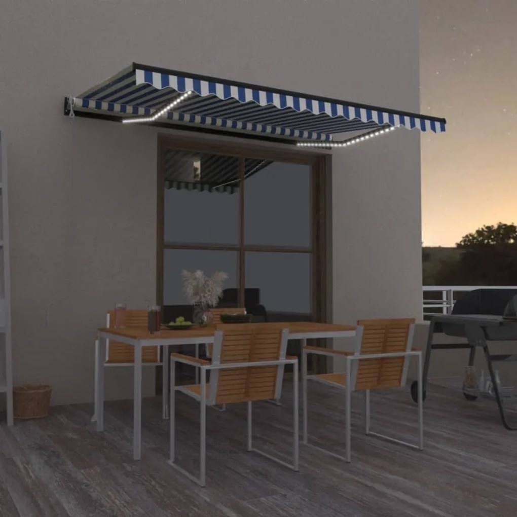 Toldo autom. c/ LED e sensor de vento 450x300 cm azul/branco