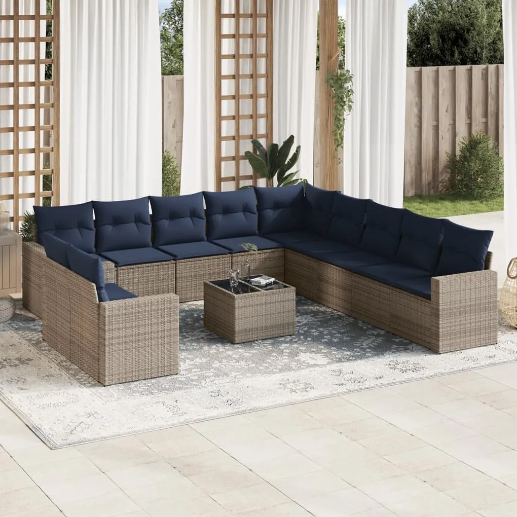 vidaXL 12 pcs conjunto sofás p/ jardim c/ almofadões vime PE cinzento