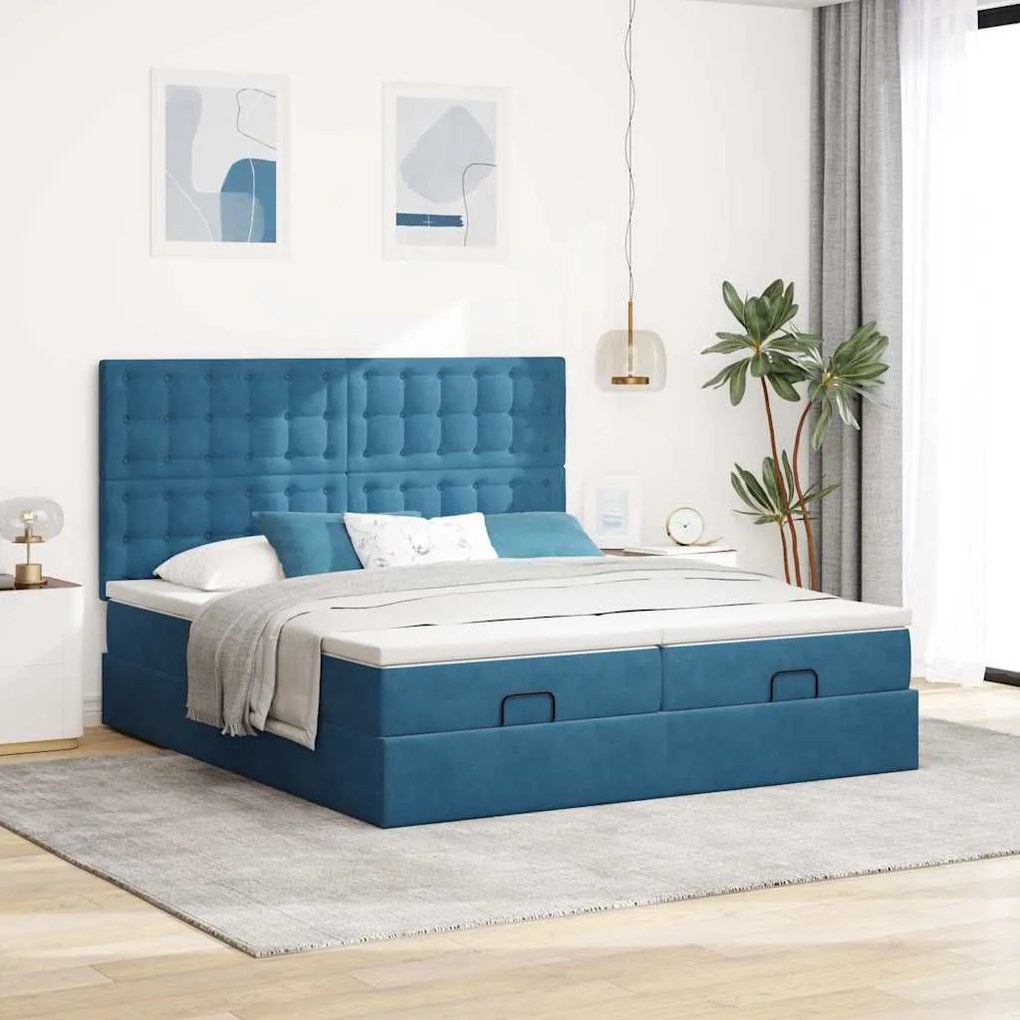 Estrutura cama otomana colchões 180x200 cm veludo azul escuro