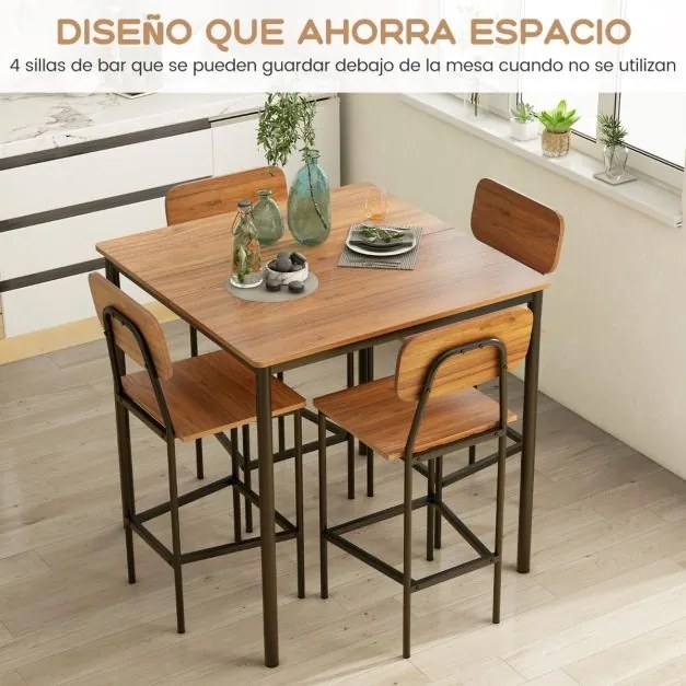 Conjunto de mesa de jantar alta e 4 cadeiras altas de 5 peças com estrutura em aço para casa ou restaurante Castanho escuro