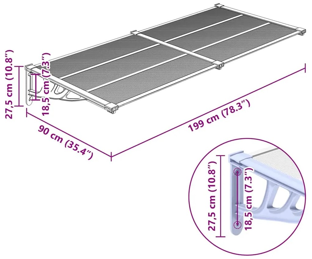 Toldo para porta 199x90 cm policarbonato cinzento/transparente