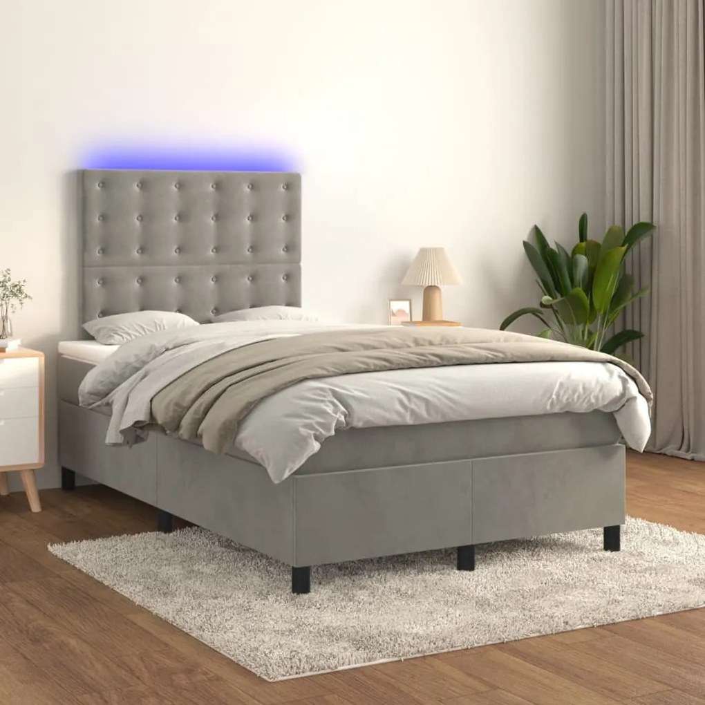 Cama box spring colchão LED 120x190 cm couro artif. cinza-claro