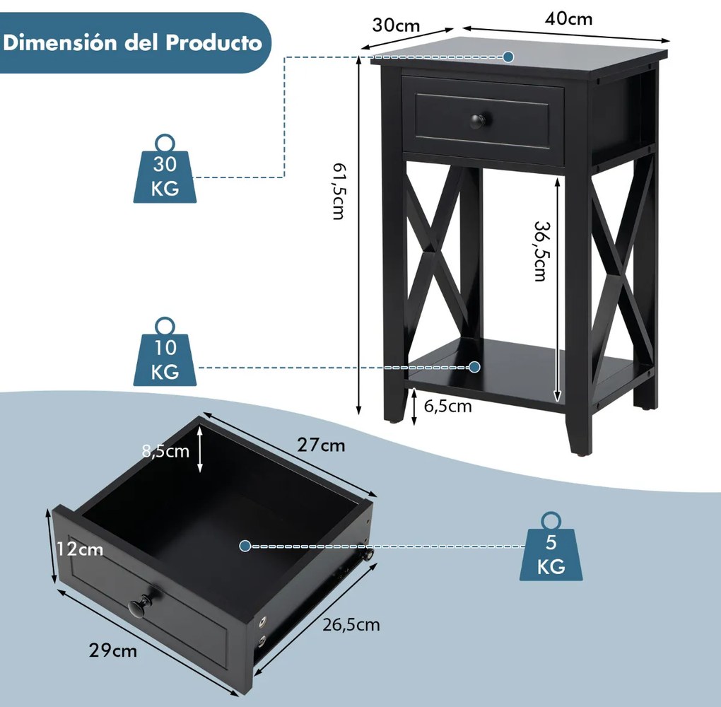 2 x Mesas de Cabeceira Design Moderno X Mesa Lateral Versátil para Sala Quarto 40 x 30 x 61,5 cm Preto