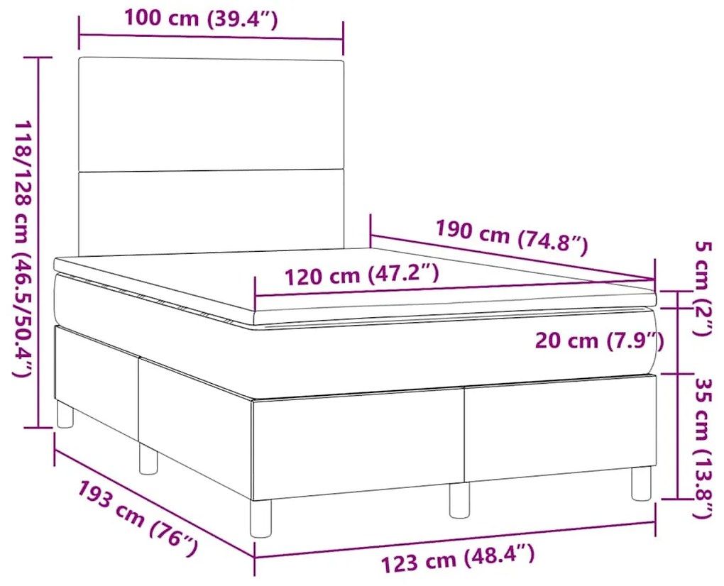 Cama box spring colchão/LED 120x190cm tecido cinza-acastanhado